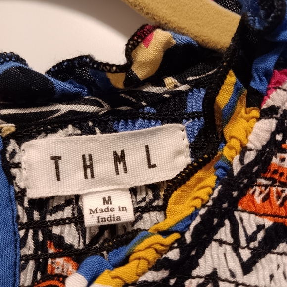 THML| Smocked Bodice Bishop Sleeve Mixed Print Blouse US Med. Colorful Boxy Boho - Picture 2 of 7